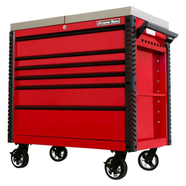 Extreme Tools 41-in 6 Drawer Stainless Steel Sliding Top Deluxe Tool Cart with Bumpers, Red with Black Drawer Pulls 