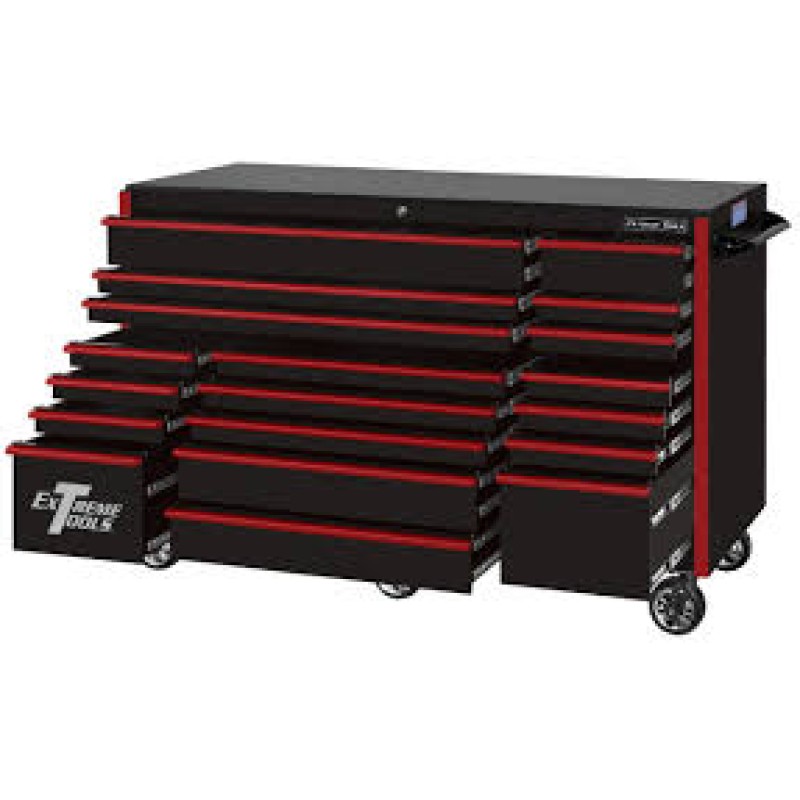Extreme Tools RX Series 72-in x 30-in 19 Drawer Roller Cabinet, Black with Red Drawer Pulls
