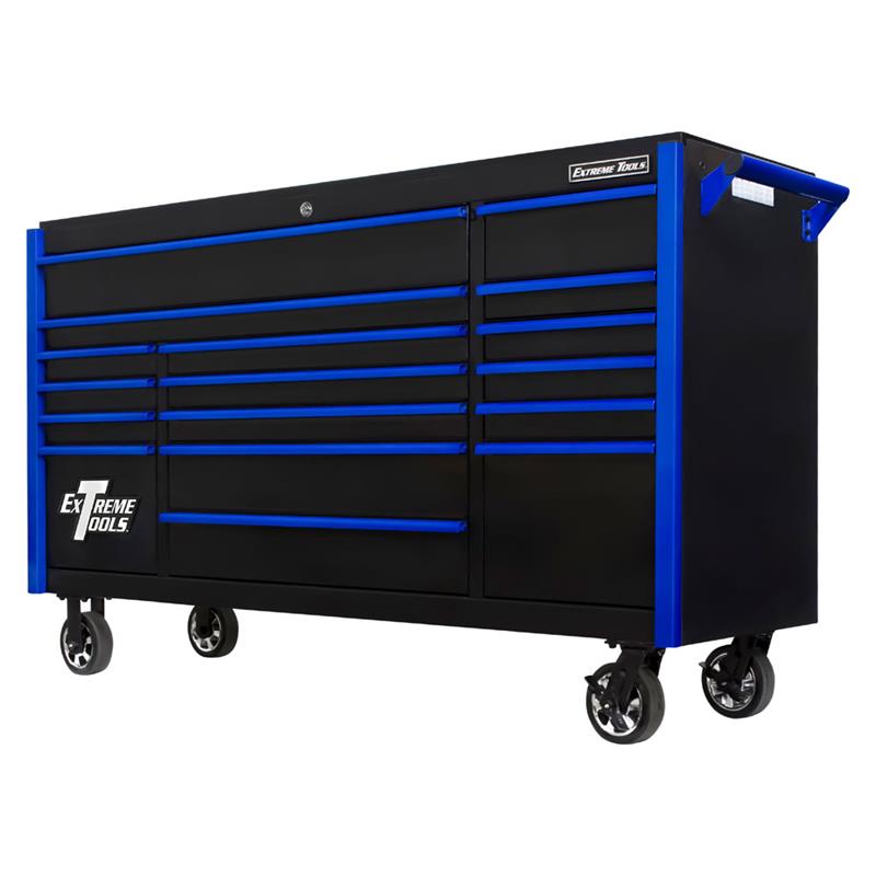 Extreme Tools DX Series 72-in 17 Drawer Deep Roller Cabinet with Black with Blue Drawer Pulls